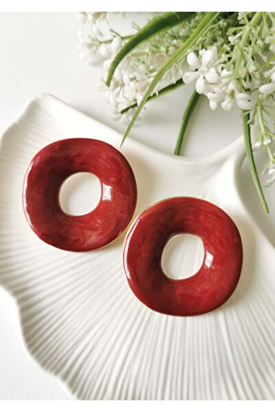 Halley Concept Red Patterned Enamel Coated Steel Earrings 5 cm Large Size Geo...