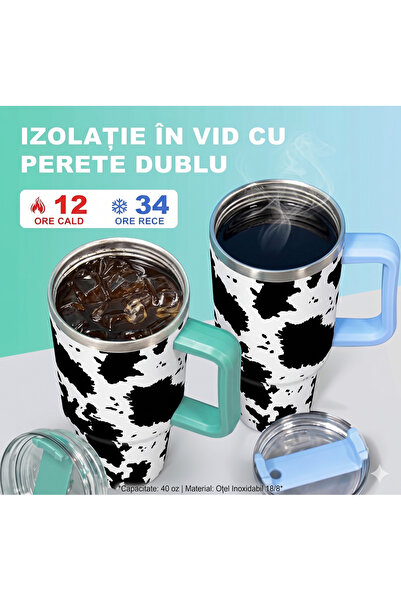 fecbk Cană Termică FECBK, 1.2l (40 oz), cu Pai și Mâner, Oțel Inoxidabil, Perete Dublu, 100% Etanș, Imprimeu Vacă (Cow Print), Alb/Negru