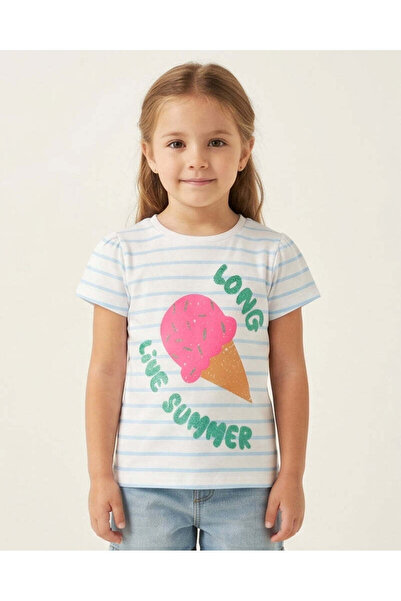 REDTAG Girls White And Blue Striped Printed T Shirt