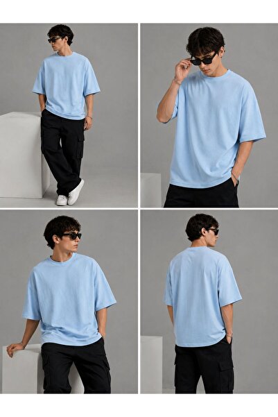 DİAMOND OUTLET Tricou pentru bărbați Ice Blue Oversize Basic, 100% bumbac pie...