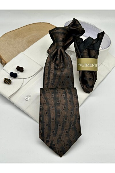 Gutiero Brown Patterned Classic Tie with Handkerchief