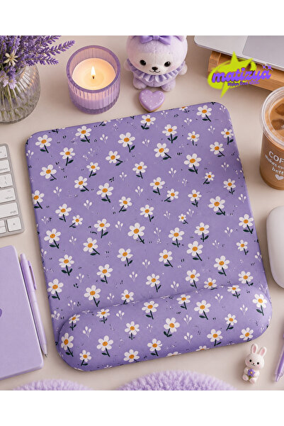 matizya Mor Papatya Desenli Kare Bilek Destekli Mousepad 19x23 cm Ergonomik K...