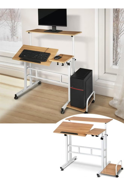 table مكتب لابتوب متنقل قابل للتعديل على عجلات مع تخزين جانبي، محطة عمل للكمب...