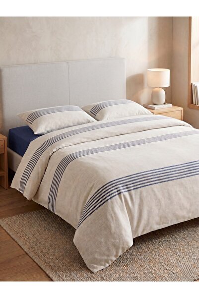Maki Home Makiteks 100% Cotton Linen Look Navy Blue Striped Modern 200X220 Do...