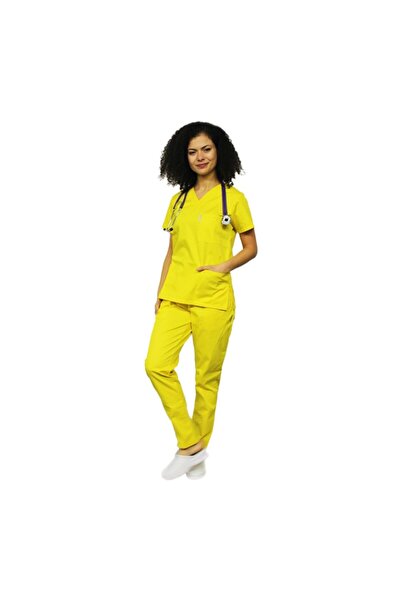 RUNI Costum medical galben, bluza cu anchior in V, trei buzunare si pantaloni...