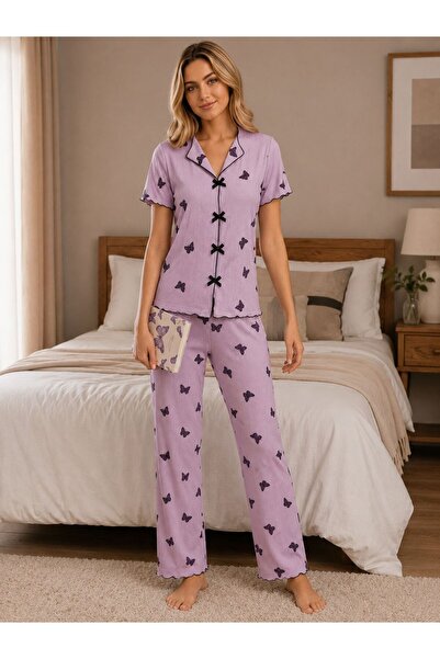 muraystore Kaşkorse Kumaş Kelebek Desenli Fiyonk Detaylı Kadın Pijama Takımı