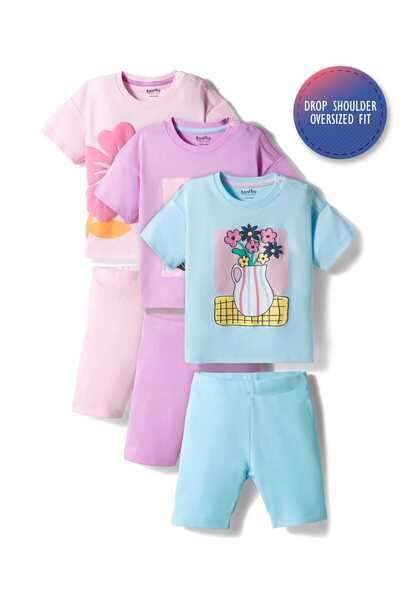 Bonfino 100% Cotton Printed Half Sleeves Oversized T-Shirt & Short Set (Pack ...
