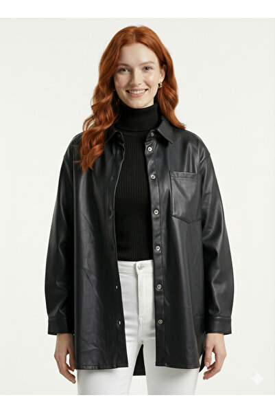 Neden Tekstil Women's Black Leather Oversized Shirt Jacket