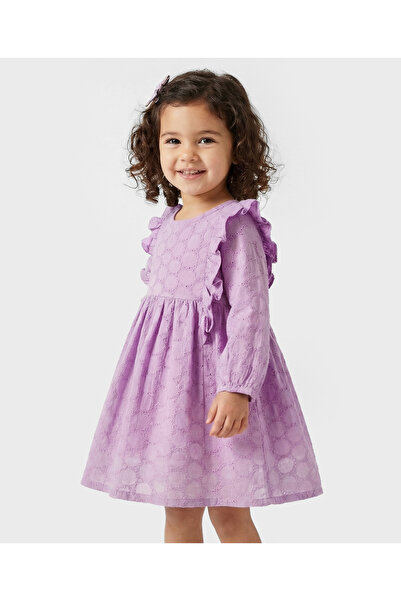 Bonfino Woven Full Sleeves Dress Schiffli with Ruffles - Lilac