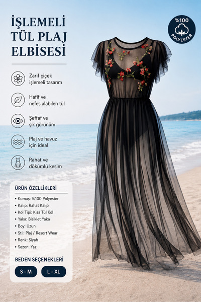 irina varol İŞLEMELİ TÜL PLAJ ELBİSESİ