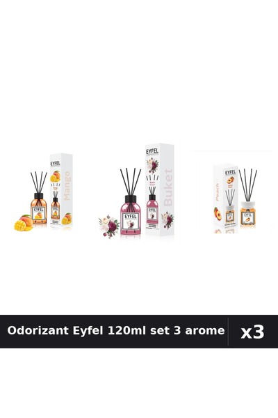 Eyfel Set 3 Odorizant Cameră cu Betișoare 120ml - Mango, Bouquet, Piersică