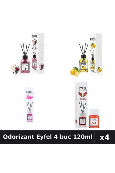 Eyfel Set 4 Odorizant Cameră cu Betișoare 120ml - Bouquet, Lămâie, Bubble Gum...
