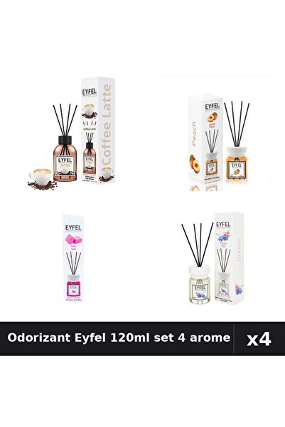 Eyfel Set 4 Odorizante Camera cu Betisoare 120ml - Cafea, Piersica, Bubble Gu...