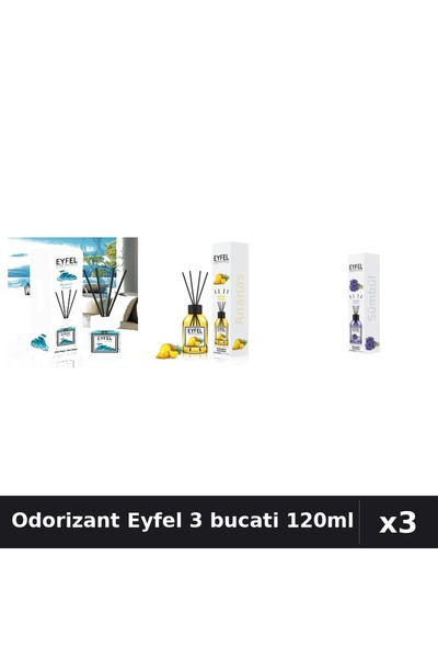 Eyfel Set 3 Odorizante Camera cu Betisoare - Ocean, Ananas, Zambile, 120ml