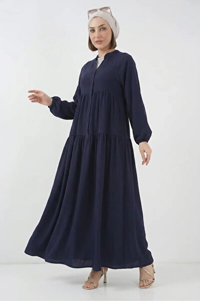 buğrahayalin Women's High Collar Gathered Waist Long Sleeve Ruffled Navy Blue...