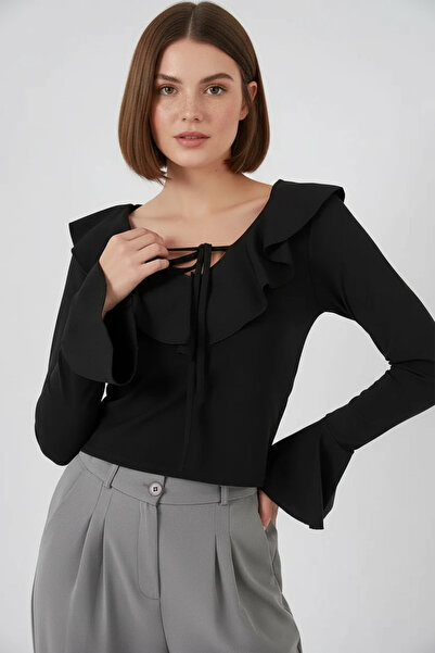buğrahayalin Women's V-Neck Ruffled Flounce Sleeve Long Black Blouse