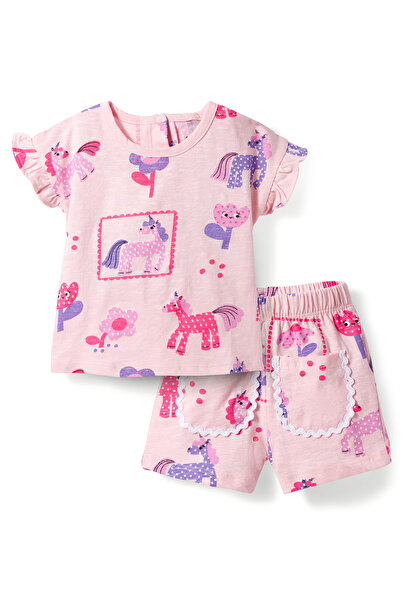 Bonfino 100% Cotton T-Shirt and Shorts Set with Unicorn and Flower Print - Pink