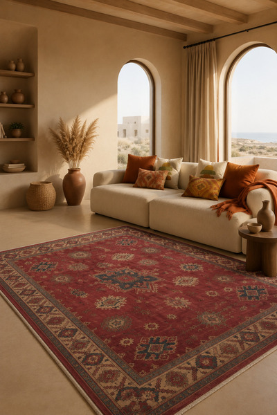 FULY CONSEPT Salon Halısı Bordo Krem Etnik Desenli Kaymaz Taban TH-3025-2