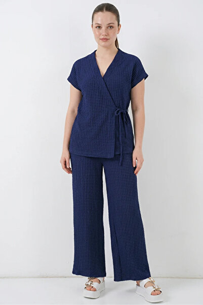 buğrahayalin Women's V-Neck Belted Navy Blue Two-Piece Suit