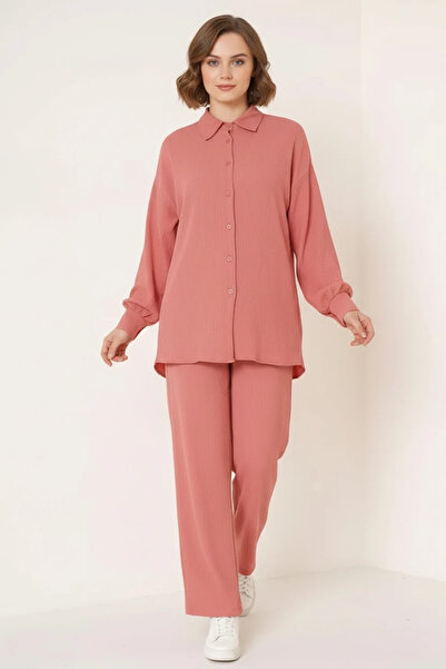 Şeker Portakalım Women's Shirt Collar Knitted Dusty Rose Hijab Double Set