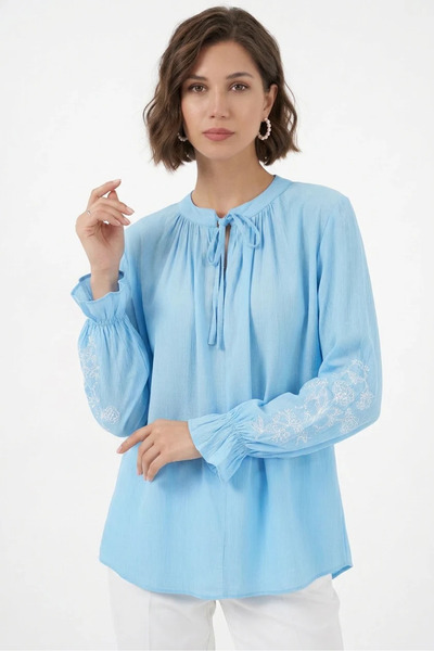 buğrahayalin Women's Round Neck Long Sleeve Ruffle Embroidered Blue Blouse