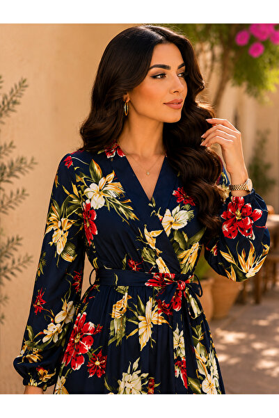 SUGA Floral Midi Dress with Belted Waist - Elegant Women's Dress with Long Sl...