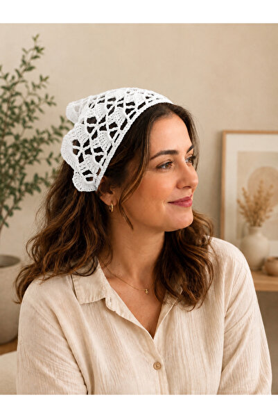 örgü White Hand-Knitted Lace Bandana – Bohemian Chic Hair Accessory