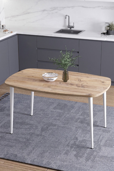 Mufian Concept İskandinav Bohem Oval 60x90 CM Beyaz Metal Ayaklı Çam Mutfak-Y...
