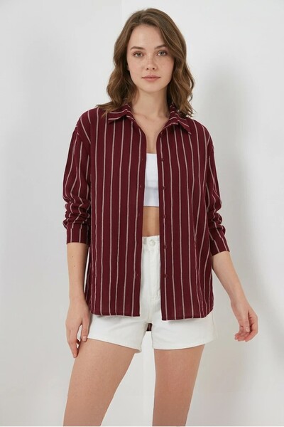 Efnaz style Women's Oversize Striped Viscose Claret Red Shirt