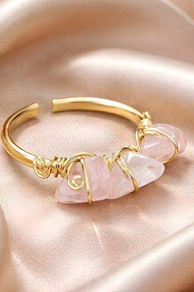 NBS Beautiful Naturel Stones Pink Quartz Ring Adjustable Copper Top Plated Na...