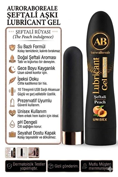 Premium 125 ML Şeftali Aromalı Kayganlaştırıcı Jel USB Şarjlı 10 Titreşim Modlu Aksesuar Set