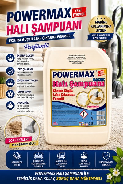 powermax MAKİNE TİPİ HALI ŞAMPUANI 5 LİTRE PROFESYONEL DERİNLEMESİNE TEMİZLİK