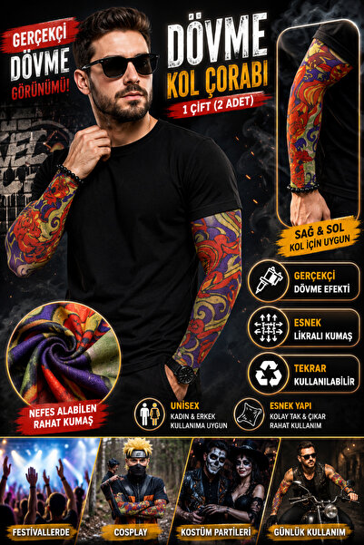 Tamsena Store Unisex Gerçekçi Dövme Desenli Likralı Kol Çorabı 1 Çift (2 Adet...