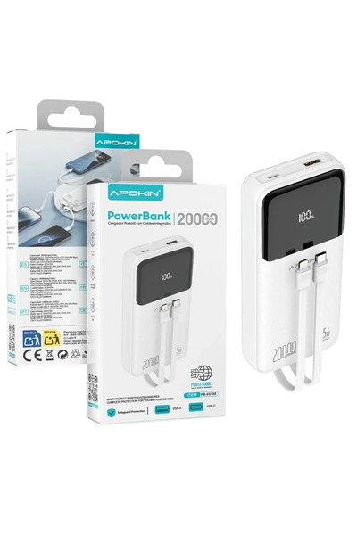 Other Apokin PowerBank Ενσωματωμένα Καλώδια Ψηφιακή Οθόνη 20000mAh 22.5W Λευκ...