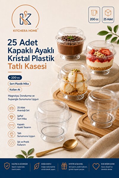 Kitchera Home 25'li Ayaklı Kristal Sert Plastik Tatlı Kasesi Mika 200 cc Şeff...