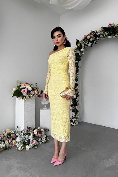 Caddebostan Moda One-Shoulder Detailed Lace Long Sleeve Midi Dress Stylish Ev...