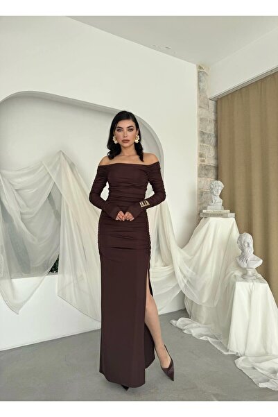 Caddebostan Moda Boat Neck Long Sleeve Draped Dress Evening Gown Homecoming D...