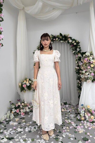 Caddebostan Moda Square Neck Embroidered Balloon Sleeve Midi Dress Stylish Su...
