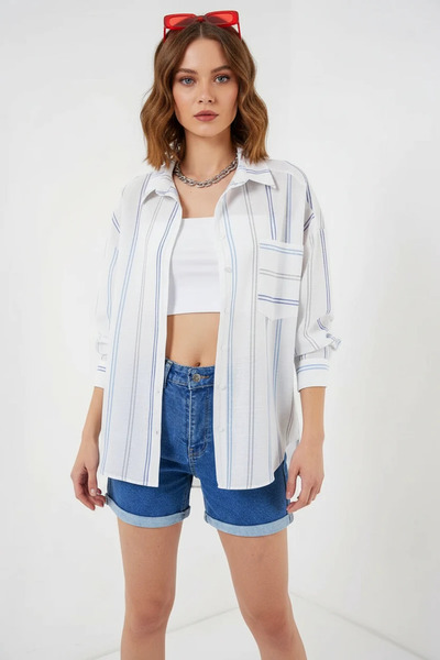 buğrahayalin Women's Oversize Striped Cotton White Shirt