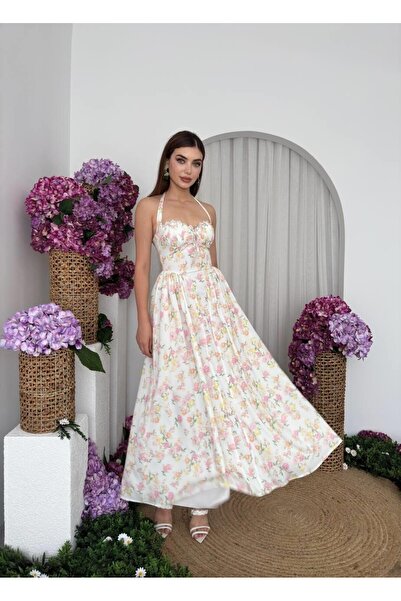 Caddebostan Moda Halter Neck Floral Patterned Midi Dress with Lace Detail