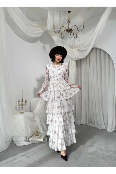 Caddebostan Moda Floral Patterned Belted Chiffon Dress Long Sleeve Layered Fl...