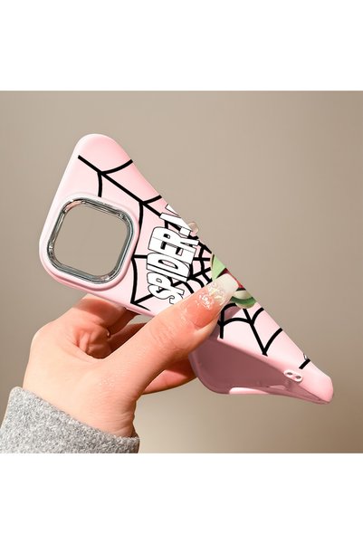 Hontinga iPhone 18 Pro Max Compatible Case Camera Protector Pink Spider Man Patterned Silicone Lover Couple Phone Case
