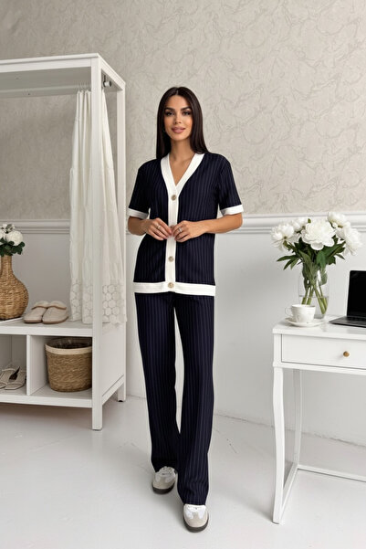 KAYS Women's Premium Modal Fabric Striped V-Neck Wide Leg Stylish Two-Piece Set