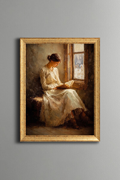 epiqart امرأة تقرأ كتابًا على النافذة - إطار بنمط عتيق - موديل نحيف
