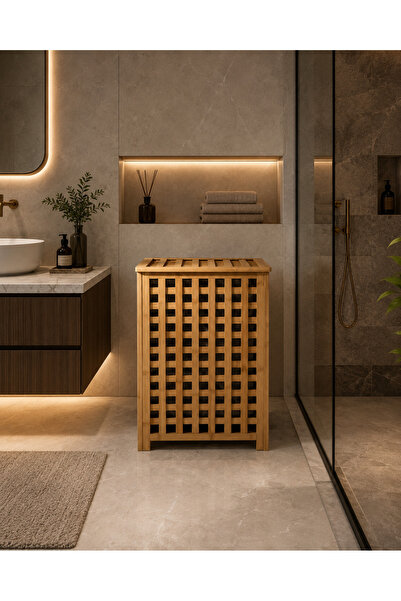 LUCKY CLOVER Bambu Kapaklı Kirli Çamaşır Sepeti Modern Banyo Organizer Sepet ...