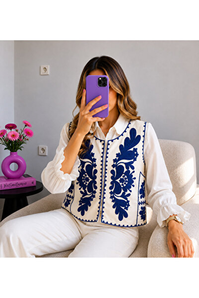 Ekim Store Mavi Beyaz Nakışlı Crop Yelek