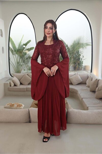 Nice Model Burgundy Evening Dress Corset Sequins and Pearls Pleated Chiffon S...