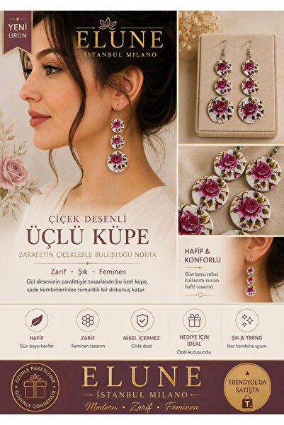 ELUNE İSTANBUL MILANO Çiçek Desenli Üçlü Damla Mor Renk Küpe