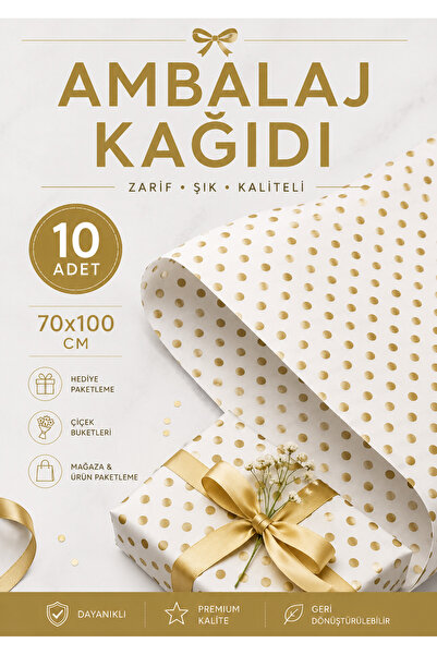 10 Adet Gold (Altın) Puantiyeli Ambalaj Kağıdı 70x100 cm Hediye Paketleme Kağıdı Beyaz Zemin