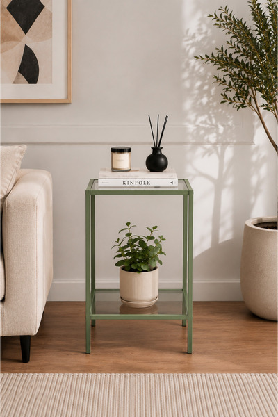 AVİBO HOME Verde Yeşil Yan Sehpa Metal Şeffaf Cam Raflı Modern Sehpa 30*40*60 cm